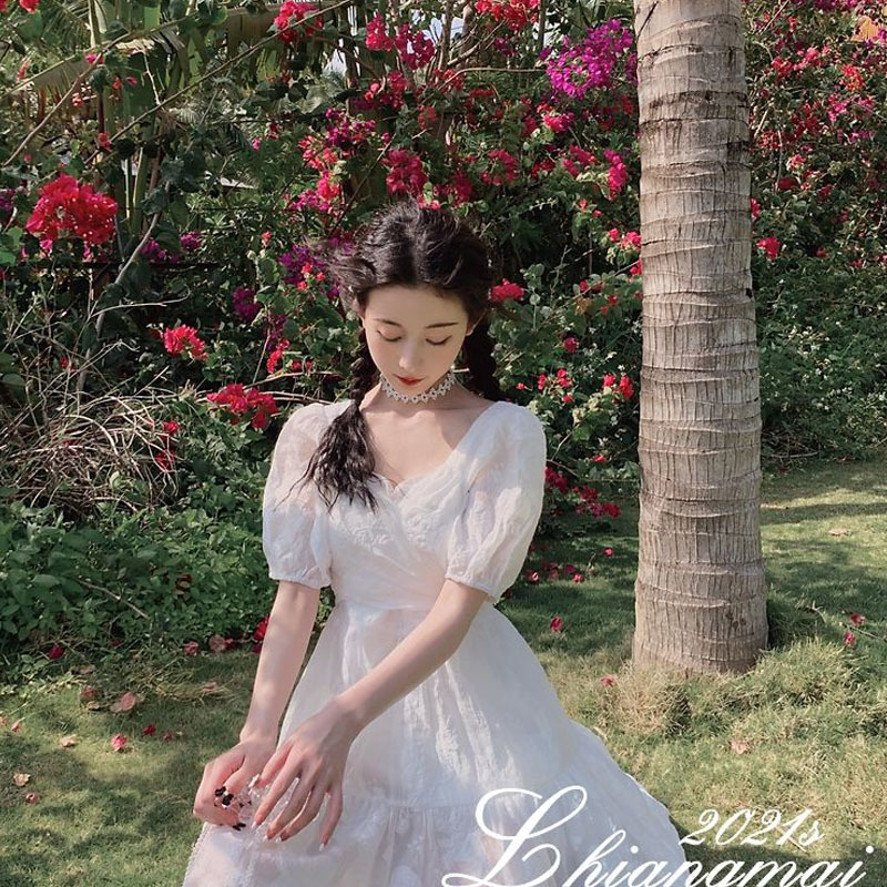 Short Sleeve White Elegant Dresses for Women V-neck Solid Casual Dress female Beach Dress Korean Chiffon Sumemr 210521