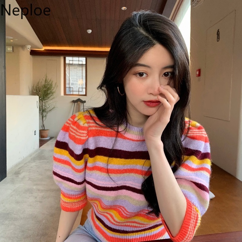 Neploe Women's T-shirts Casual O-Neck Knitted Pullover Korean Clothes Tees Contrast Color Striped Puff Sleeve Slim Rainbow Tops 210422