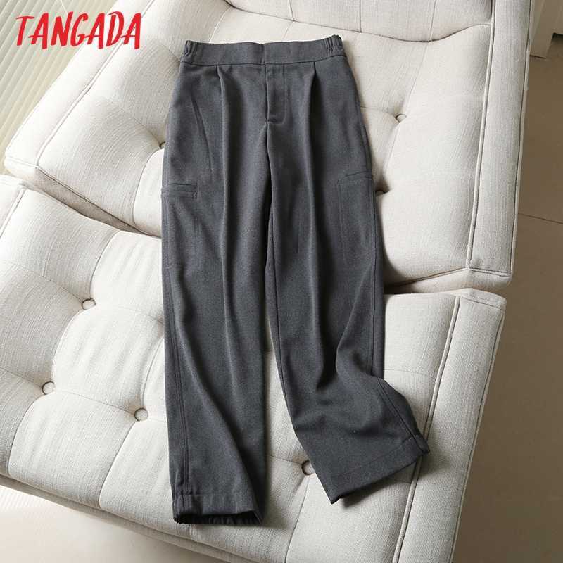 Tangada Fashion Women High Quality Cotton Casual Suit Pants Trousers Side Pockets Buttons Office Lady Pantalon 6D13 211115