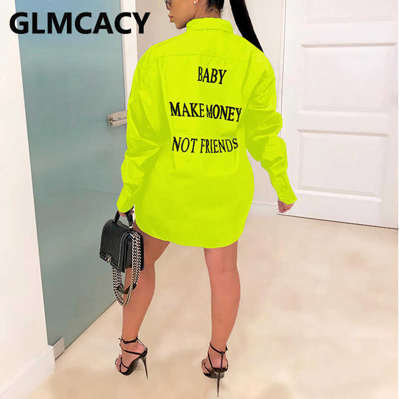 Women Loose Style Casual Long Sleeve Letter Printed Mini Solid Shirt Dress 210702