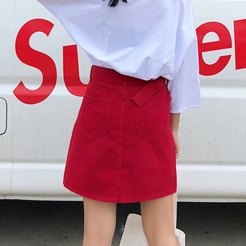 Summer Fashion Women Skirts Denim High Waist A-line Mini with Belt Solid Jean Harajuku 6066 50 210506
