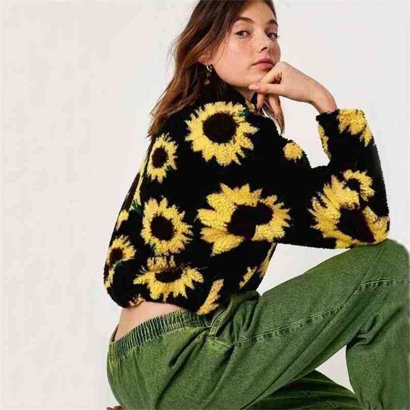 Women Sunflower Print Half Zip Fleece Sweatshirt With Drawstring Hem 210512