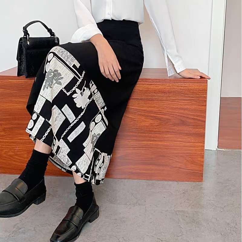 vintage women skirt long casual block colour printed high waist streetwear clothes jupe femme asias faldas largas ropa 210421