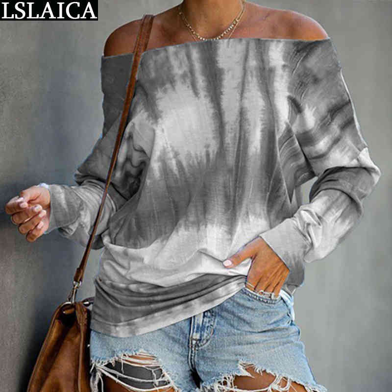 T Shirts Women Summer Long Sleeve Slash Neck Tie Dye Ladies Top Casual Elegant Plus Size S-5XL Streetwear 210520