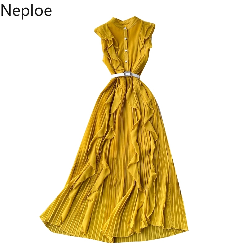 Neploe Seaside Holiday Dress Women Summer Robe Sweet Ruffles Slim Fit Vestidos Female Chiffon Pleated Elegant Maxi Dresses 95511 210422