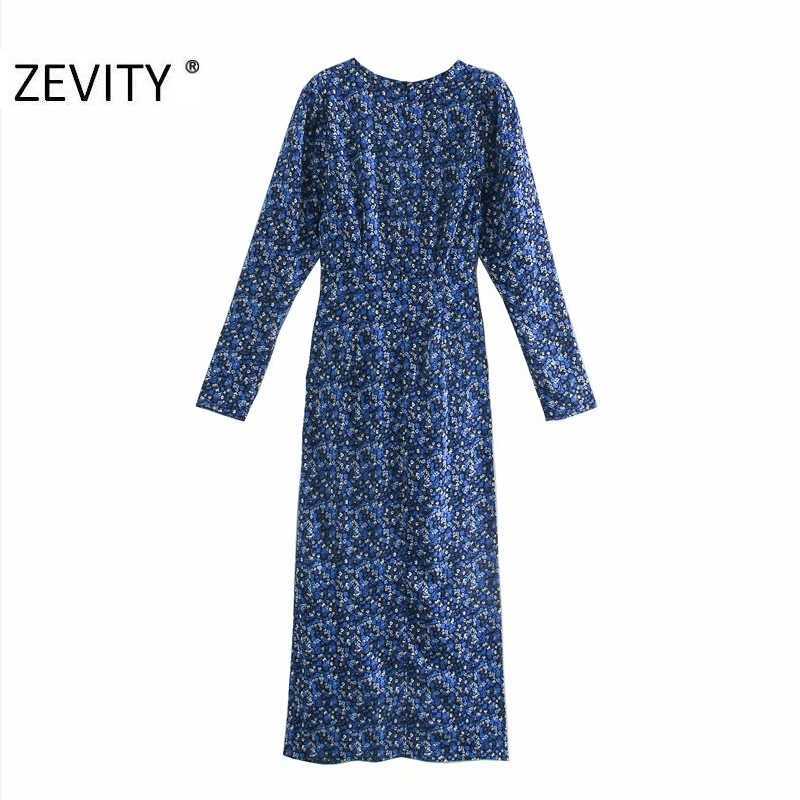 ZEVITY Women Vintage V Neck Flower Print Pleated Shirtdress Ladies Long Sleeve Back Zipper Vestido Chic Split Dresses DS4516 210603