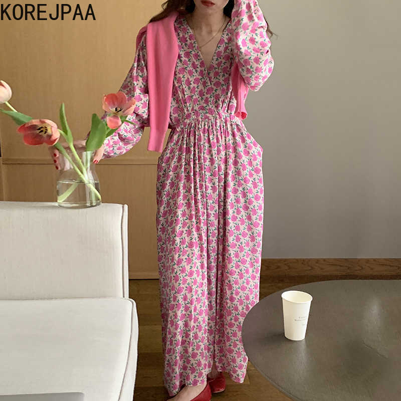 Korejpaa Women Dress Summer Korean Chic Gentle Sweet V-Neck Full-Screen Flower Design Lace-Up Waist Long-Sleeved Vestidos 210526, Pink
Korejpaa Women Dress Summer Korean Chic Gentle Sweet V-Neck Full-Screen Flower Design Lace-Up Waist Long-Sleeved Vestidos 210526, Pink