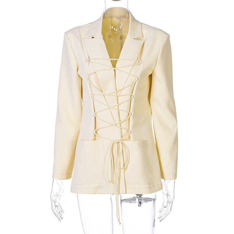 Colysmo Autumn Collared Shirt Lace up Cut out Pocket Notched Blazer Sexy Black Blouse Women Elegant Party Club Outfits 210527