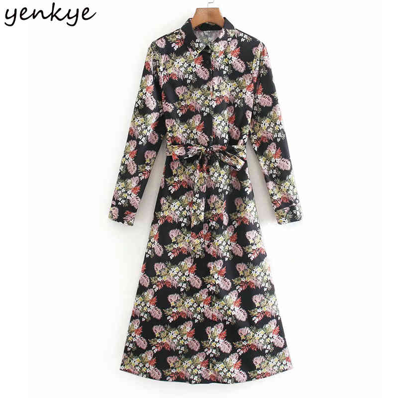 YENKYE Vintage Floral Print Women Dress Lapel Collar Long Sleeve With Belt A-line Midi Dress Spring Casual Vestido 210515