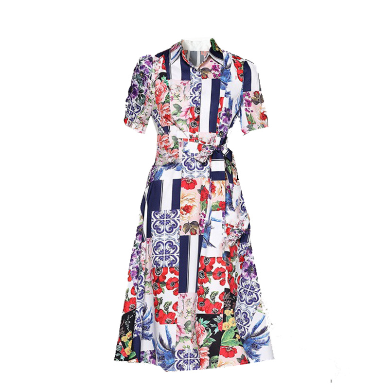 dresses for women vintage printed single breasted midi casual Summer Dress Short Sleeve Ladies Midi Vestidos z 210421