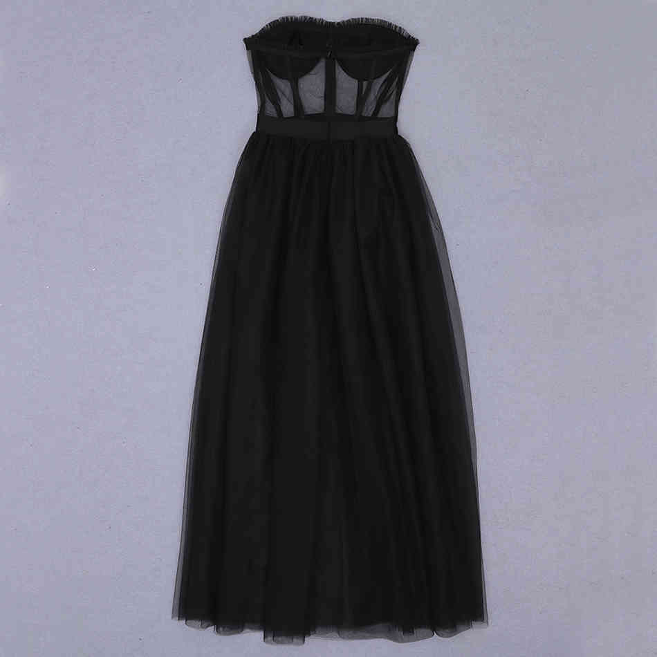 Free Women's Black Mesh Long Dress Sexy Tube Top Sleeveless Pleated A-line Club Party Halter Vestidos 210524