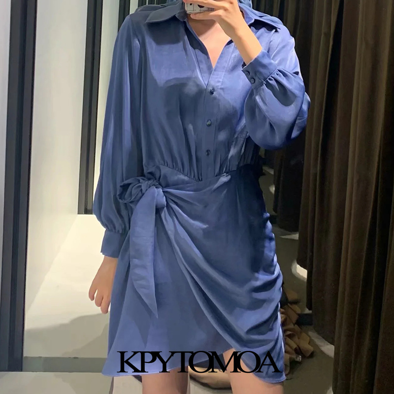 Women Chic Fashion With Bow Tied Soft Touch Mini Dress Long Sleeve Elastic Waist Female Dresses Vestidos 210420