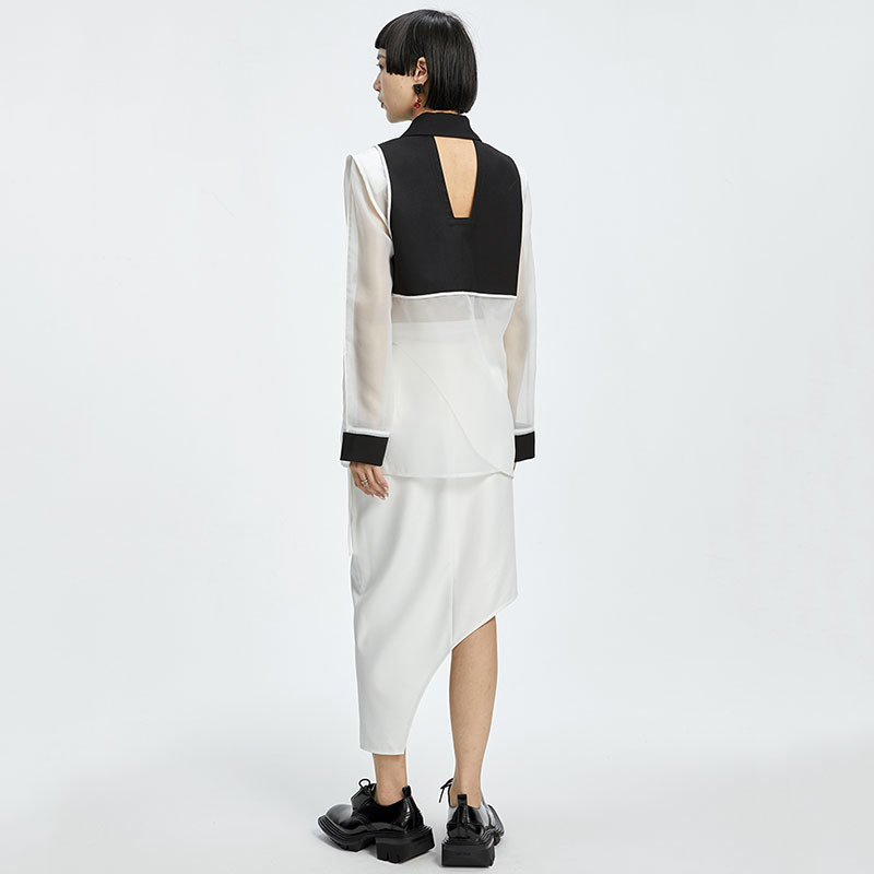 [EAM] Women Black Spliced Mesh Asymmetrical Blazer Lapel Long Sleeve Loose Fit Jacket Fashion Spring Summer 1DD7295 21512