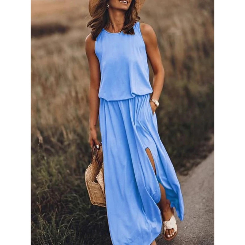 Women Dress Split Sleeveless Sexy Dresses Plus Size Yellow Blue Summer Long Clothes Fashion 210513