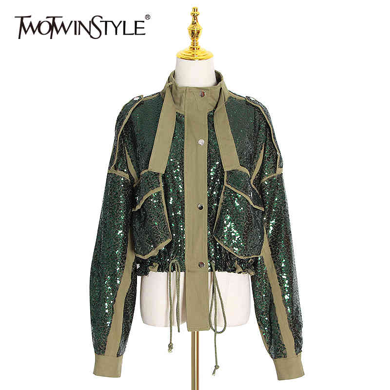 Patchwork Sequin Jackets For Women Turtleneck Long Sleeve Drawstring Coats Female Autumn Fashion Clothes 210524