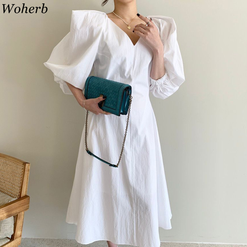 Solid Midi Elegant Office Lady Dress Women Casual Puff Sleeve Streetwear All Match Dresses Korean Chic Fashion Vestidos 210519
