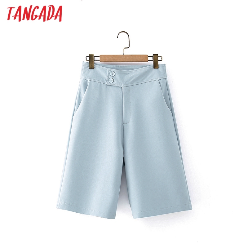 Women Elegant Solid Blue Zipper Pockets OL Shorts Pantalones DA9 210416