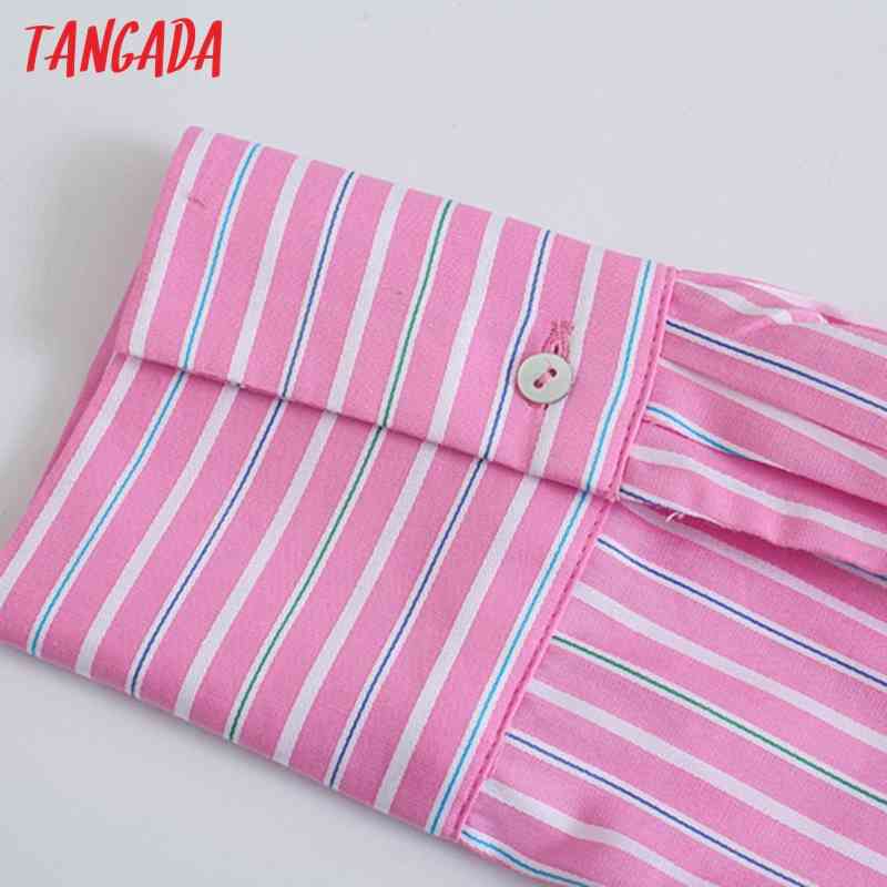 Women Vintage Pink Striped Print Crop Long Sleeve Chic Female Casual Shirt JE23 210416