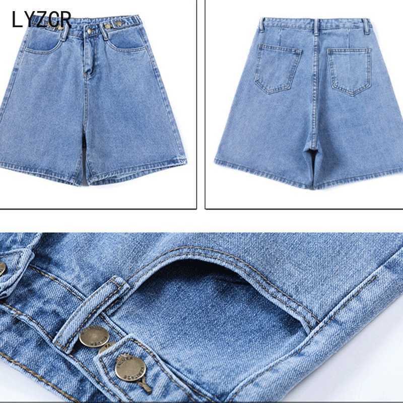LYZCR Women's Jeans Shorts with High Waist Ladies Summer Wide Leg Denim Short Loose Casual Button 210714