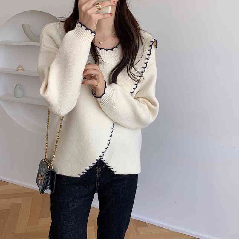 Comelsexy Chic Women Fashion Retro Criss-Cross O-Neck Knitwear Sweater Elegant Loose Casual Solid Soft Korean Pullovers 210515