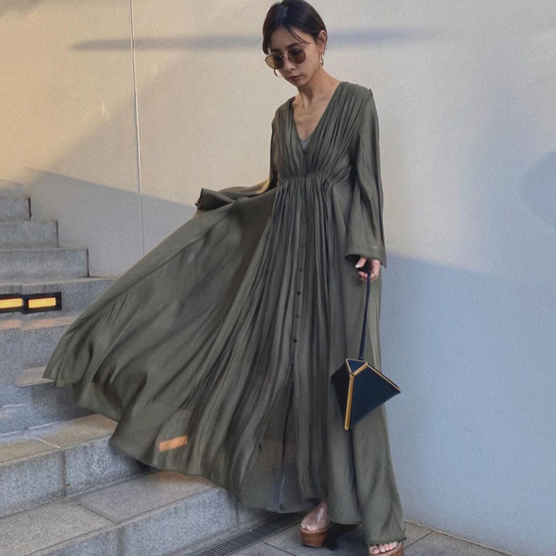 Women Long Sleeve Spring Summer V Neck Casual A-Line High Waist Pleated Maxi Dresses Office Ladies 210427
