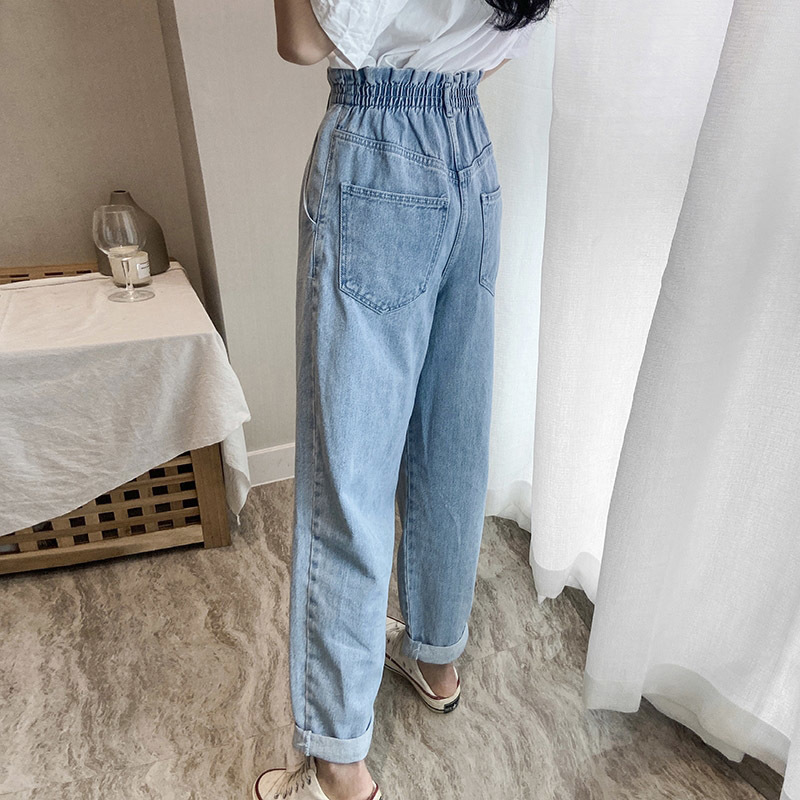 Light Blue Color Paperbag Pants Jeans Women Pleated Loose Casual Cowboy Lady Back Elastic Waist Long Trousers 210515