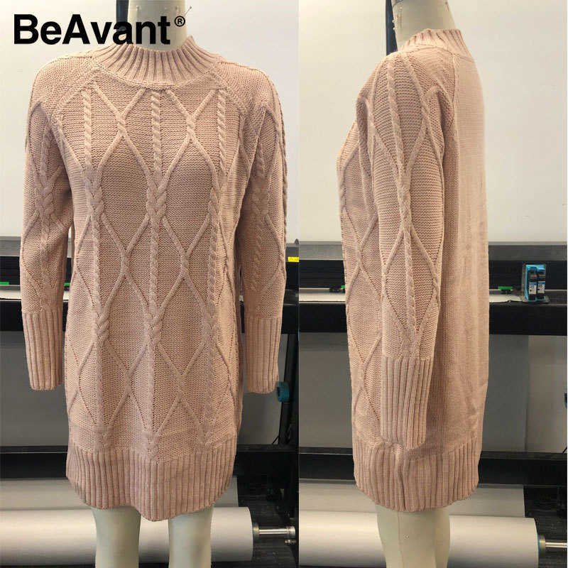 BeAvant Elegant solid long sleeve midi dress women O-neck patterned straight dress Casual autumn winter warm dress ladies 210709