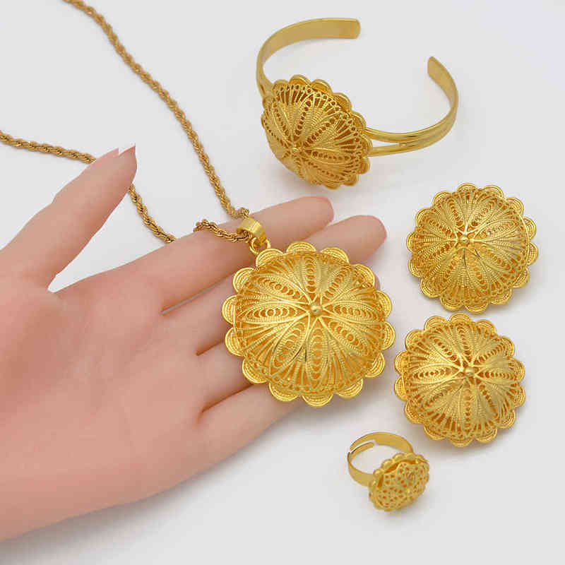 Anniyo Ethiopian Jewelry sets Pendant Necklaces Earrings Ring Bangles for Womens Gold Color Eritrean African Bride Gifts #207506 220105