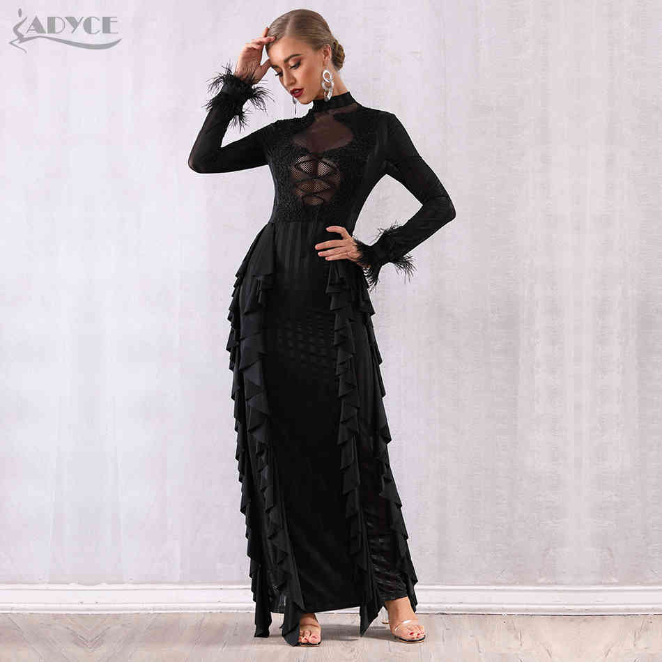 Maxi Women Ruffles Bodycon Celebrity Party Dress Vestidos Verano Sexy Long Sleeve Lace Pearls Feather Club 210423