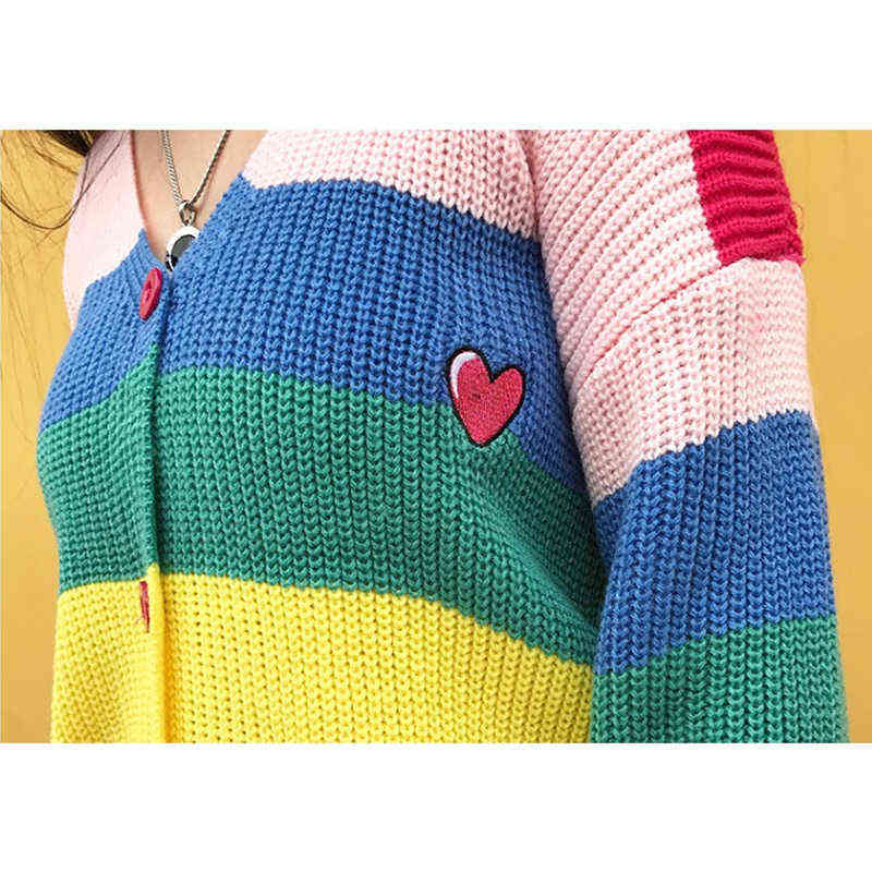 Lazy BORING Emboridery Rainbow Striped Cardigan Oversized Long Sleeve Knit Top Womens Sweaters Cardigans Harajuku Outift / 211117