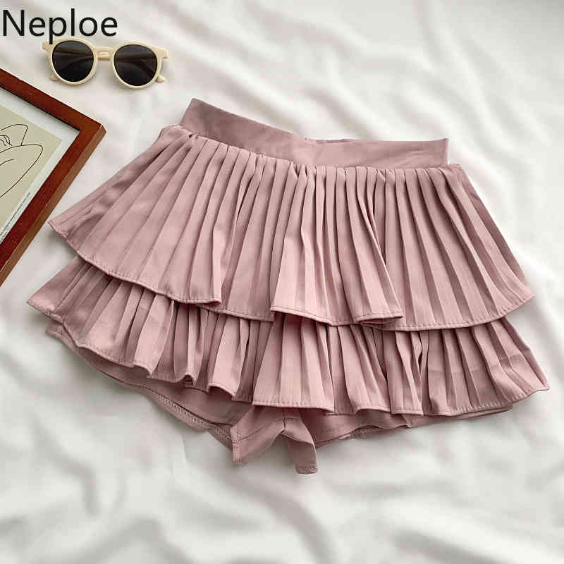 Neploe Elastic Waist Cake Shorts Skirts Women Fashion All Match Thin Pleated Wide Leg Pants Sweet Ruffles Cute Mujer Pantalones 210422