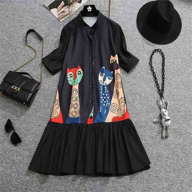 Plus Size Casual Cartoons Cat Printted Dresses for Women Summer Lapel Short Sleeve Loose Pleated Shirt Dress Vestidos 210602, Black
Plus Size Casual Cartoons Cat Printted Dresses for Women Summer Lapel Short Sleeve Loose Pleated Shirt Dress Vestidos 210602, Black
