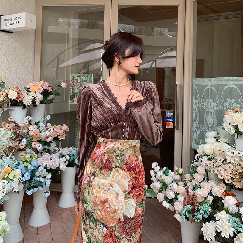 women midi skirt painting retro sunflower printed high waist pencil summer Victorian vintage harajuku faldas largas jupe 210421