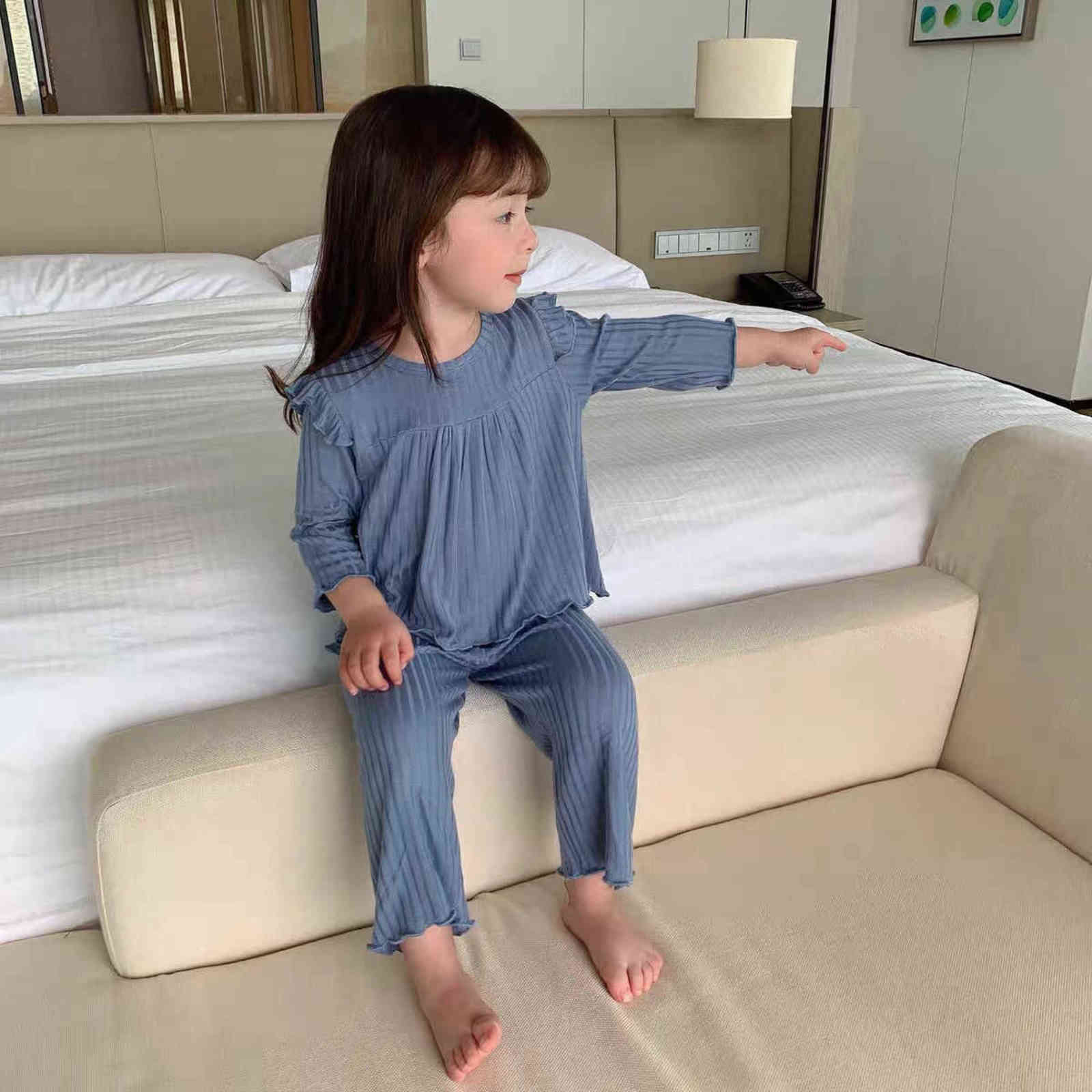 Baby Girls Pajamas Set Sweet Spring Autumn Soft Loose Ruffled Ribbed Pullover Two Piece Home Wear Infant Toddler Clothing 211105