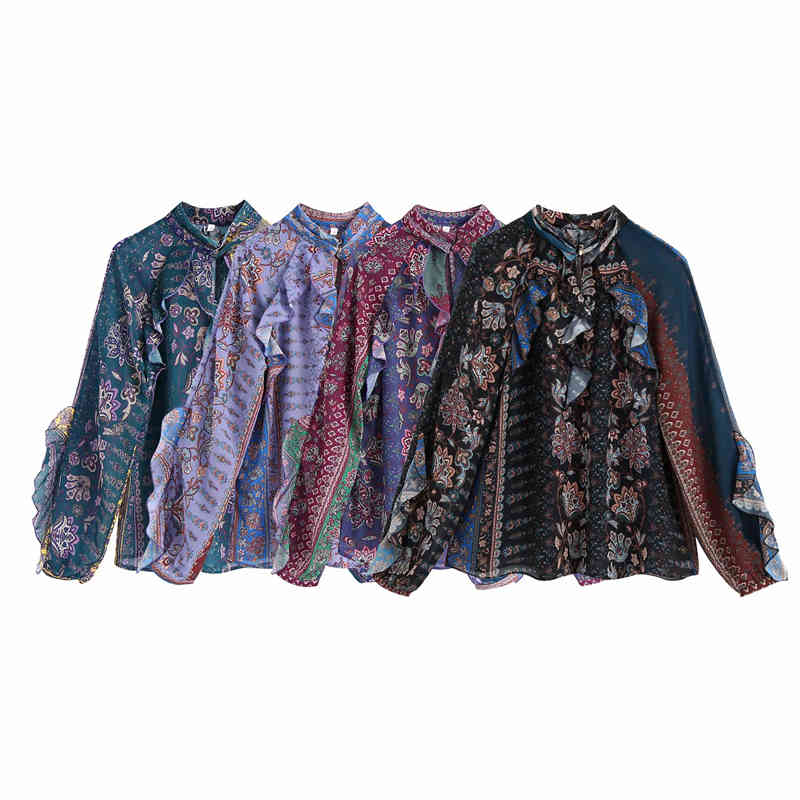 Vintage Women Chiffon Ruffles Shirts Fashion Ladies O-Neck Loose Tops Causal Female Boho Print Patchwork Blouses 210430