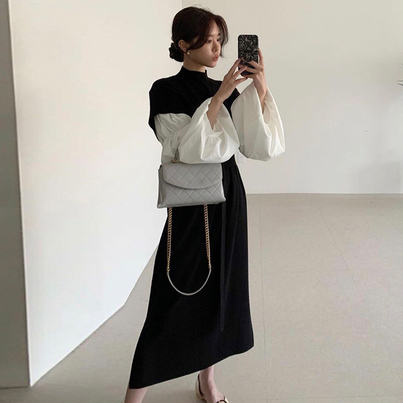 Knitted Sweater Dress Women Loose Long Patchwork Robe Mujer Contrast Color Vintage Korean Dresses Stand Collar Vestidos 210519
