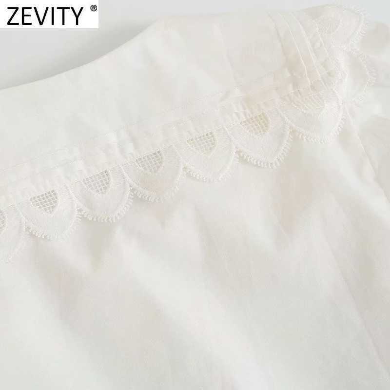 Zevity Women Sweet Lace Stitch Big Turn Down Collar Casual Smock Blouse Female Short Sleeve Poplin Shirt Chic Blusas Tops LS9261 210603