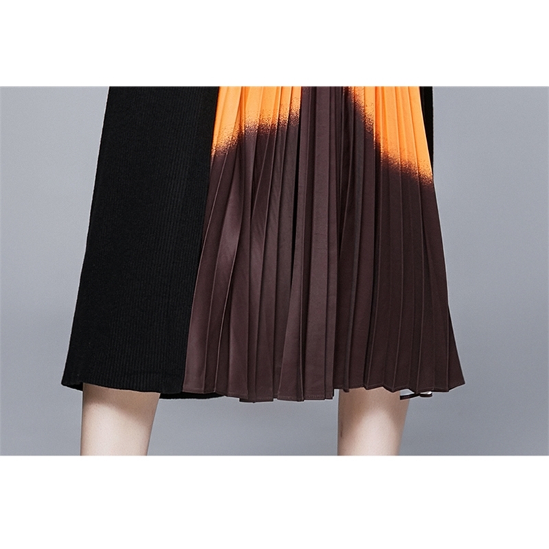 Catwalk Fashion Retro Knitting Long Sleeve Loose Splicing Gradients Pleated skirt length Dress Spring Fall Women 210506