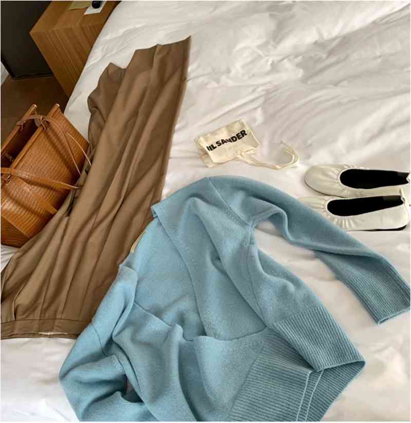 Autumn Winter Elegant Sweater Office Lady Work Pullovers V-Neck Long Sleeve Loose Knitted Sweaters Women's Tops 210421