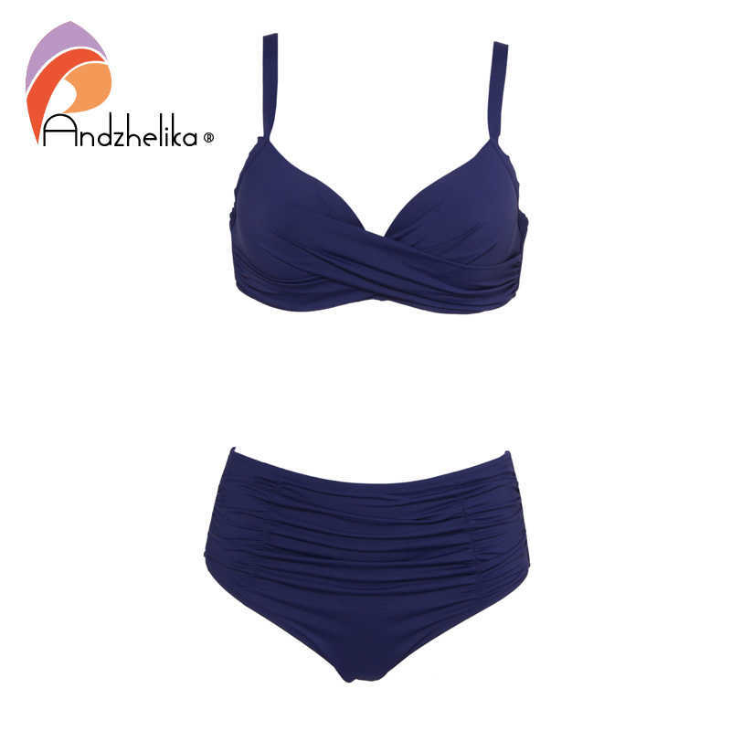 Andzhelika Bikinis Women Solid Fold Swimsuit High Waist Set Summer Sexy Plus Size Swimwear Bathing Suit Biquini 210611
