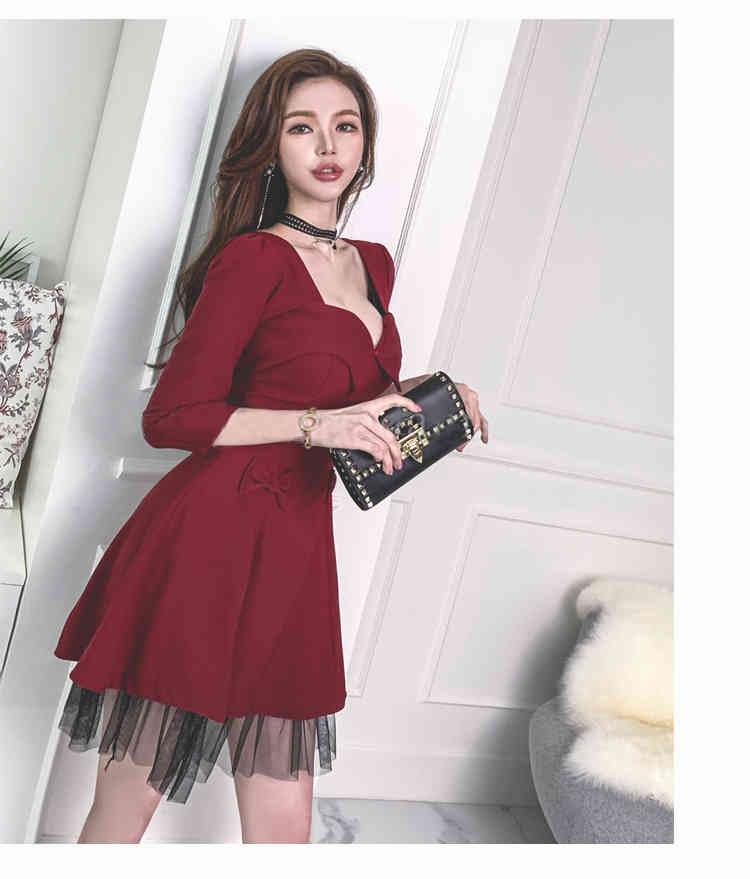 Spring Women Sexy V-Neck Party Dress 3/4 Sleeve Mesh Patchwork Bodycon Elegant Slim Mini Female Vestidos 210519