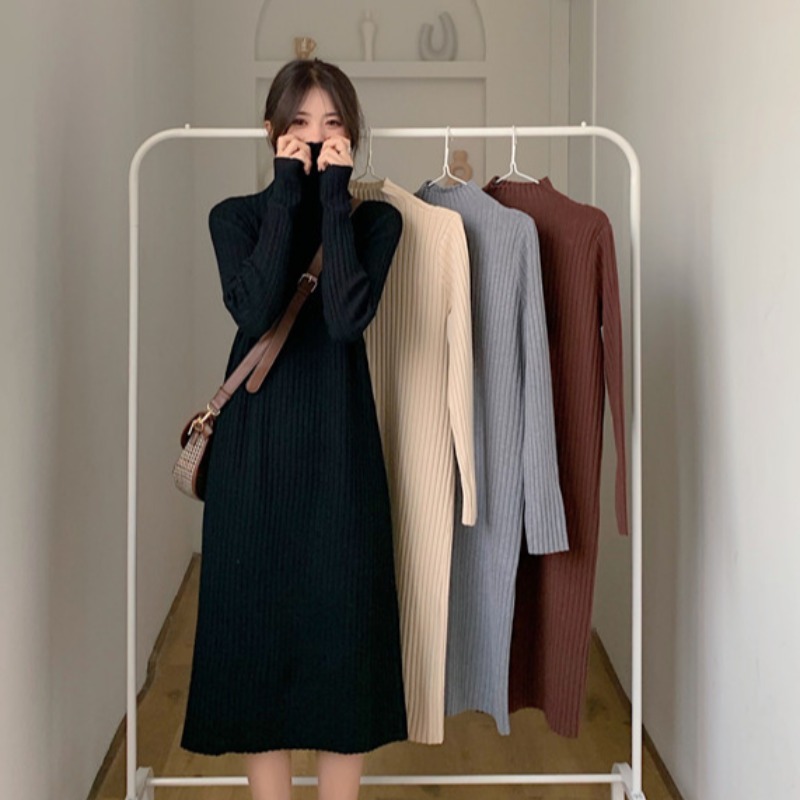 Nomikuma Long Sleeve Knitted Dresses Women Autumn Winter Basic Sweater Dress Korean Half Turtleneck New Vestidos 6D305 210427