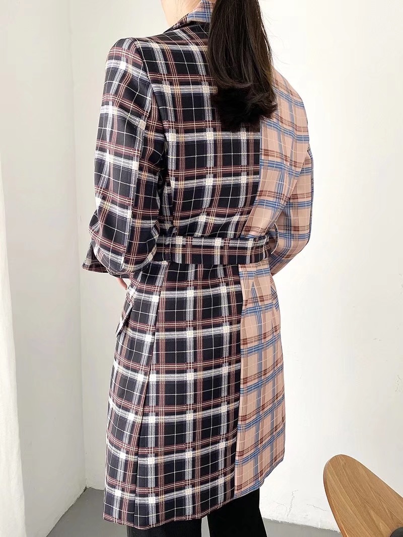 Autumn Winter Tie Bow Gingham Check Plaid Trench Elegant Women Lapel Long Sleeve Slim Fit Mid Coat Outerwear 210429