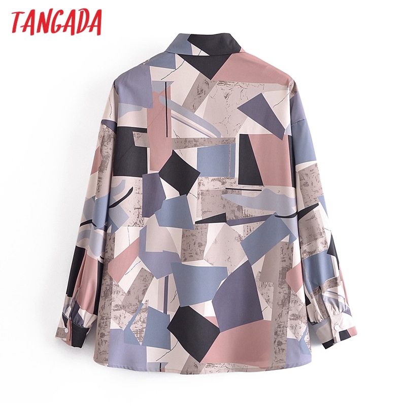 Women Vintage Geometry Print Chiffon Long Sleeve Chic Female Casual Loose Shirt 3A67 210416