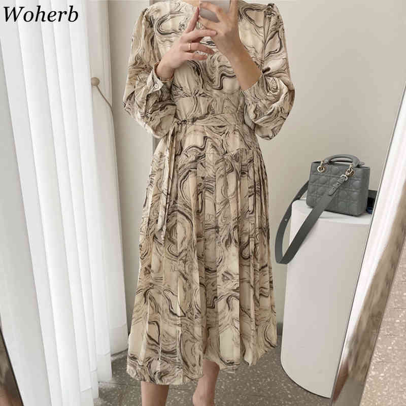 Girls O-Neck Chic All Match Printing Dress Spring Summer Long Sleeves Elegance Maxi Pleated Dresses Vestidos 210519
