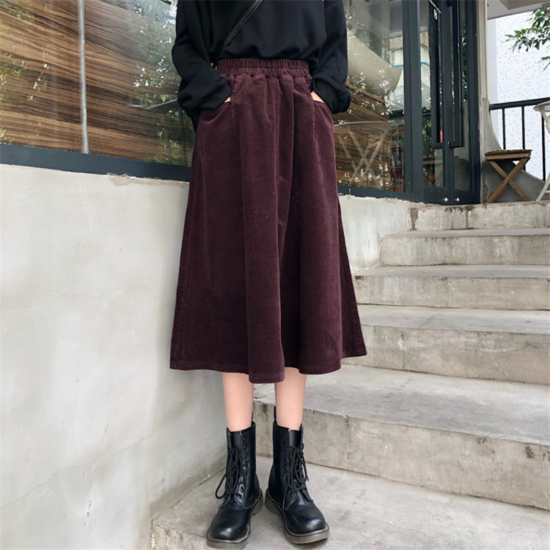 Preppy Style Stylish Corduroy Large Size Winter Women Slender Elastic-Waist Vintage A-Line Casual High Waist Long Skirts 210421