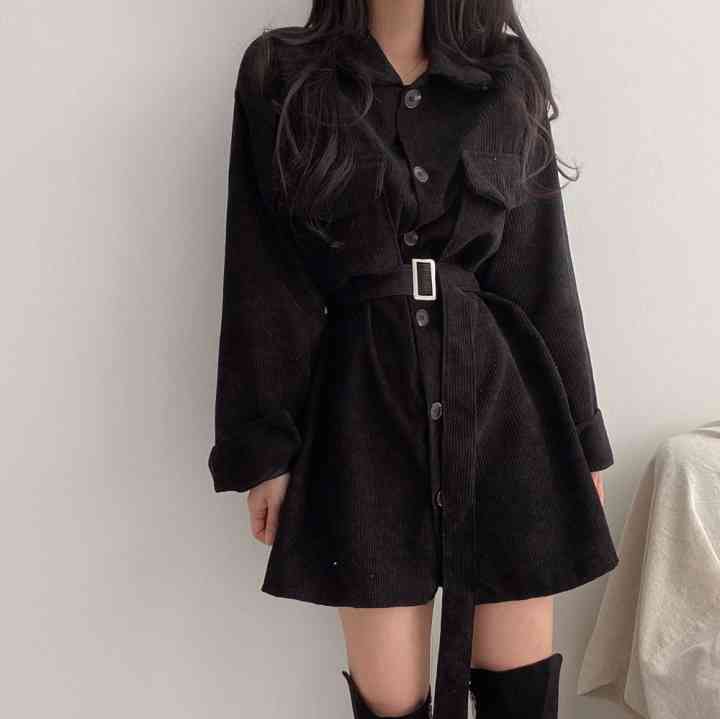 Retro Single-breasted Corduroy Women Mini Dresses Spring Autumn Long Sleeve Turn Down Collar Sexy Short Dress With Belt Pocket 210514