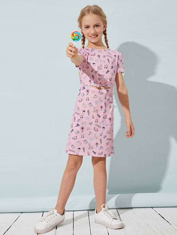 Girls Cartoon and Striped Print Peekaboo Knot Front Dress SHE