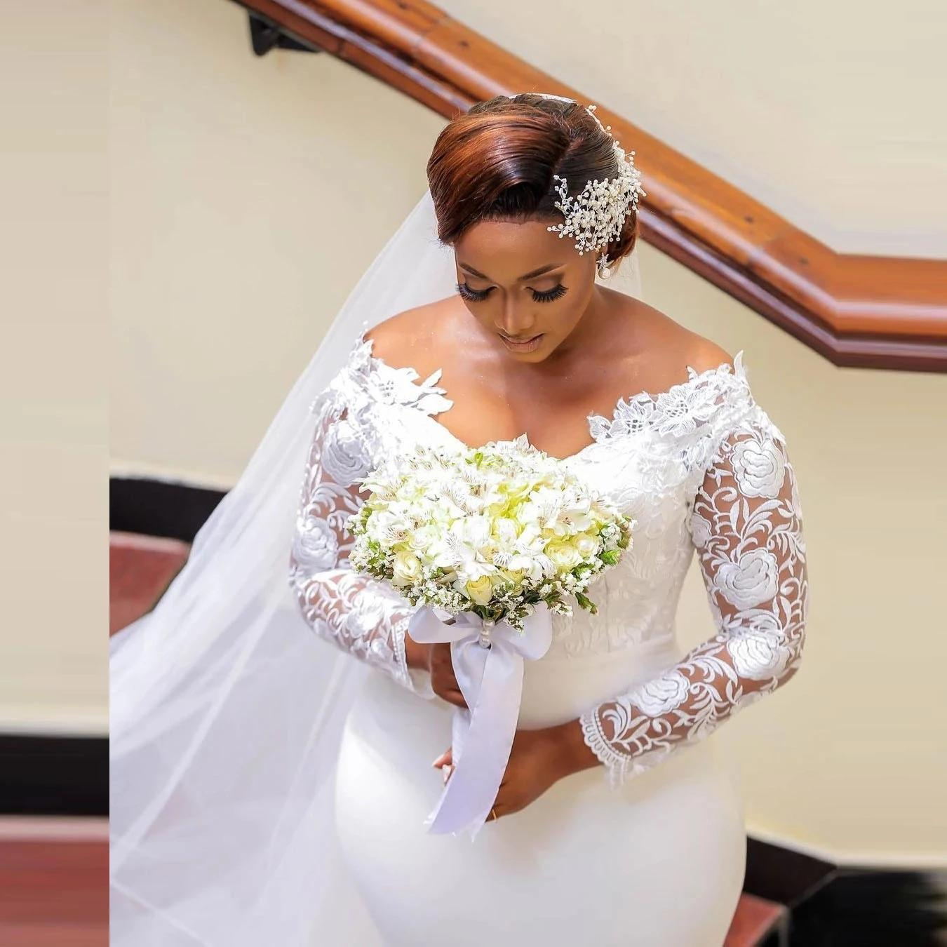 Plus Size Aso Ebi Boho Wedding Dress 2022 White African Mermaid Wedding Dresses With Lace Long Sleeve Beach Garden Bridal Gowns Soft Satin Simple Bohe