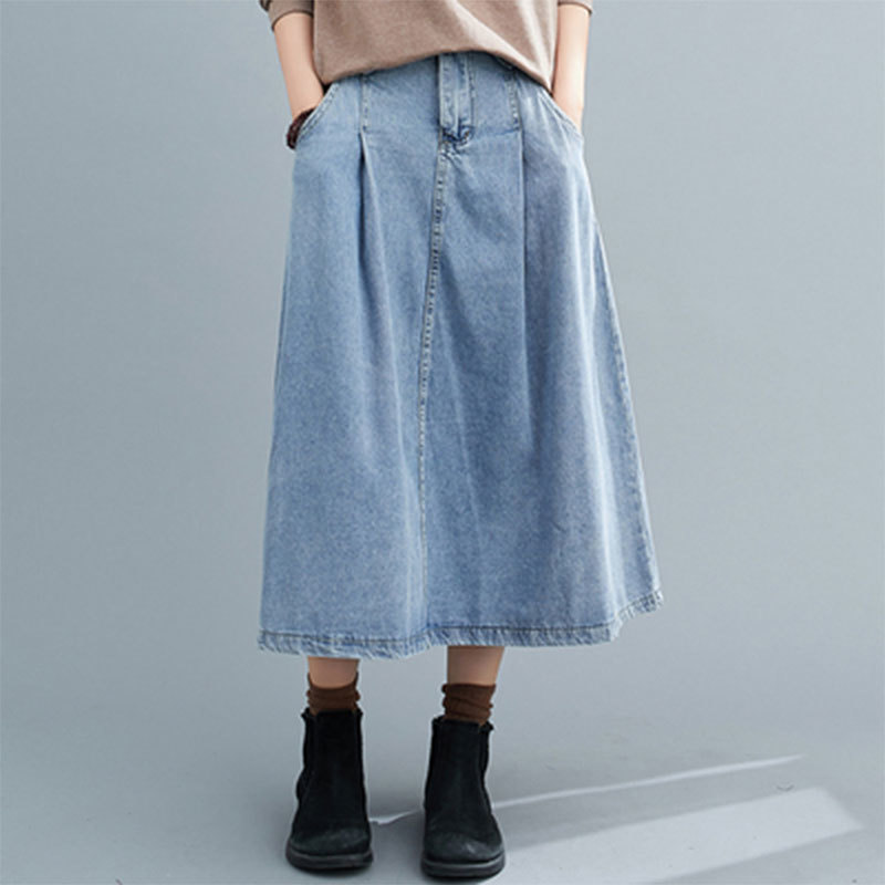 Autumn Arts Style Women High Waist Cotton Denim Skirts All-matched Casual Vintage A-line Long Skirt Plus Size M647 210512